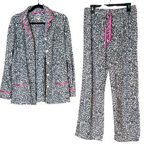 Anne Klein Womens Leopard Print Fleece Pajama Set‎ Button Up Pants Pink Trim Med